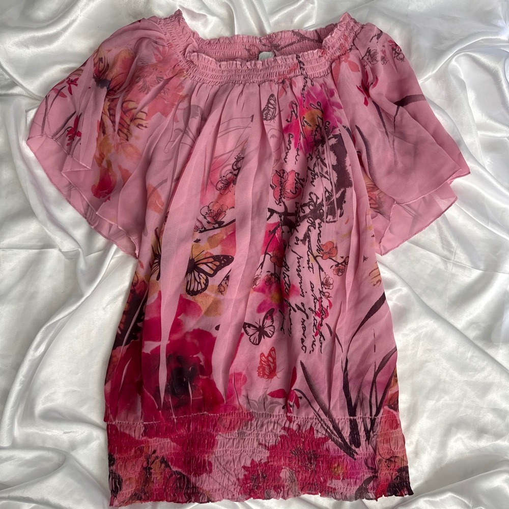 Cato Woman Pink Butterfly Floral Script Smocked Off Shoulder Blouse Plus 14/16W - Picture 3 of 4